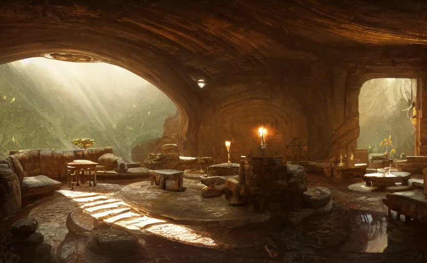 Prompt: painting of an interior of a hidden circular complex carved inside a mountain living quarters overlooking the great room, small hot spring and lush garden outside, other bedrooms can be seen, natural light, fantasy, natural light, concept art, by greg rutkowski and craig mullins, cozy atmospheric and cinematic lighting, trending on artstation