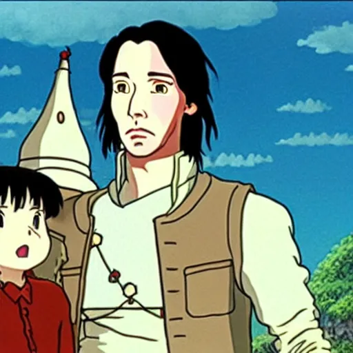 Prompt: a still of keanu reeves in castle in the sky ( 1 9 8 6 ) studio ghibli art style. hayao miyazaki imagination