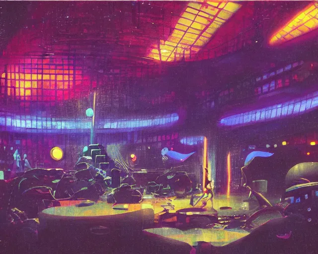 Prompt: IKEA catalogue photo of a cyberpunk concert hall, by Paul Lehr