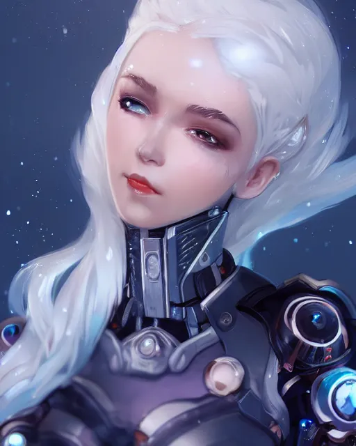 Image similar to cyborg girl with white hair and black skirt, flower decorations, dreamy, beautiful illustration, scifi, radiant, atmosphere, harmony, top lighting, blue eyes, focused, perfect composition, artstation, highly detailed, art by yuhong ding and chengwei pan and serafleur and ina wong