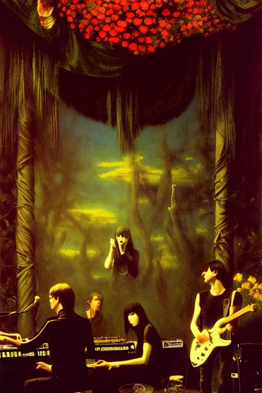 Image similar to the velvet underground and nico playing live on stage at a night club, beautiful stage decoration with flowers in the background, painting by albert bierstadt and ivan shishkin and james jean, very detailed and toned down and ornamental and moody and cool and relaxed and high on drugs, tasteful colors, trending on artstation, behance contest winner