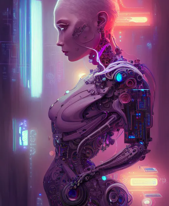 Image similar to a whirlwind of souls rushing inside the metaverse, hologram, half body, neurochip, shaved temple, piercing, jewelry, android, cyborg, cyberpunk face, by loish, d & d, fantasy, intricate, elegant, highly detailed, colorful, digital painting, artstation, concept art, art by artgerm and greg rutkowski and alphonse mucha