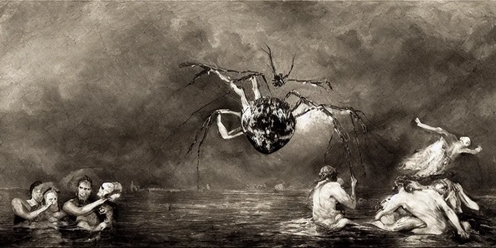 Image similar to hyperrealism Baptism on the river, monster spider in style of Goya