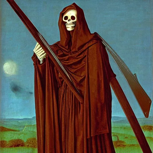 Image similar to portrait of a veiled skeleton grim reaper holding a scythe at dusk, by Jan van Eyck