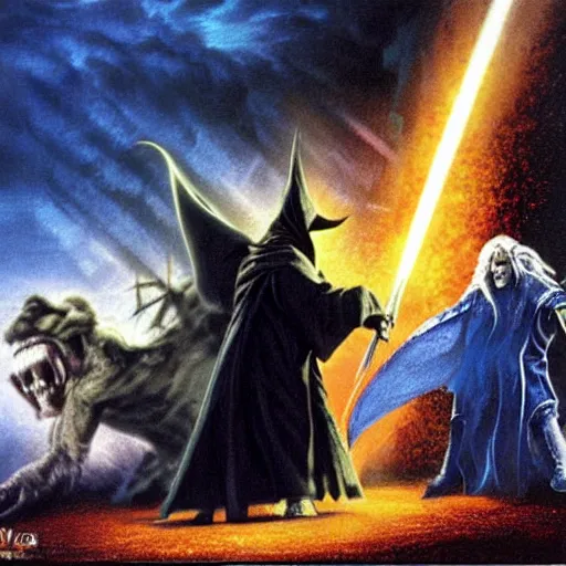 Prompt: Harry Potter and Gandalf fight against the Balrog of Morgoth, concept art by Tim White