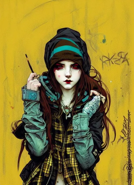 Image similar to highly detailed portrait of a moody sewerpunk young adult lady with a tartan hoody by krenz cushart, by artem demura, by alphonse mucha, by kaethe butcher, gradient yellow, black, brown and cyan color scheme, grunge aesthetic!!! ( ( graffiti tag city background ) )