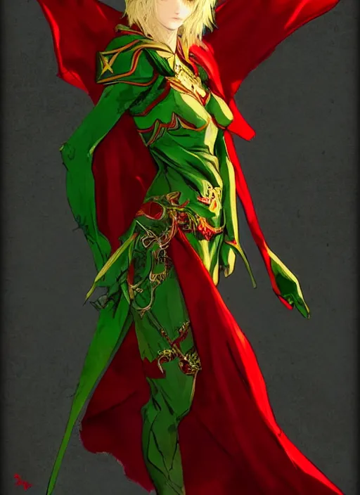 Image similar to Full body portrait of a beautiful young blonde short haired elven princess wearing red, green and gold priest robe. In style of Yoji Shinkawa and Hyung-tae Kim, trending on ArtStation, dark fantasy, great composition, concept art, highly detailed.