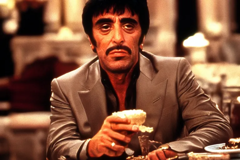 Image similar to face portrait of tony montana from movie scarface 1 9 8 3 sitting behind a big black oak table with big large packages of flour. al pacino. perfect symmetric face, coherent eyes, ron cobb, fine details, cinestill, 4 k. last scene from scarface movie, bokeh