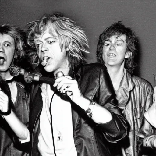 Image similar to bob geldof boomtown rats holding banana microphone, with banana costumed background singers, concert photo, getty images, pencil drawing