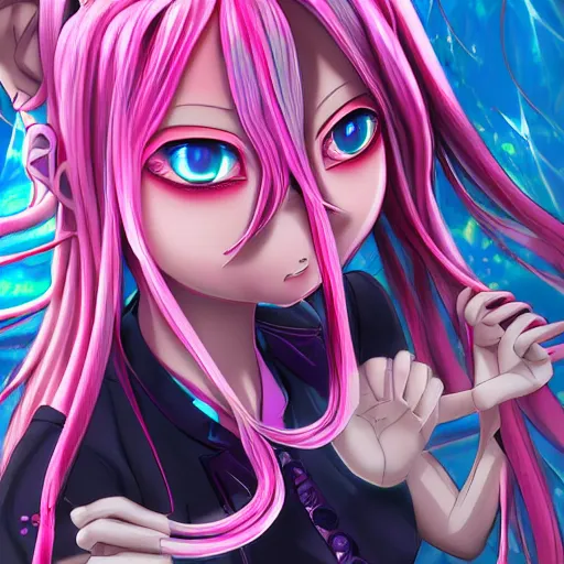 Image similar to trapped by stunningly beautilful omnipotent megalomaniacal anime asi goddess who looks like junko enoshima with symmetrical perfect face and porcelain skin, pink twintail hair and cyan eyes, taking control while smiling inside her surreal vr castle, hyperdetailed, digital art from danganronpa, 2 d anime style, 8 k