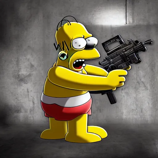 Image similar to Homer Simpson in Gears of War, highly detailed, high quality, HD, 4k, 8k, Canon 300mm, professional photographer, 40mp, lifelike, top-rated, award winning, realistic, sharp, no blur, edited, corrected, trending