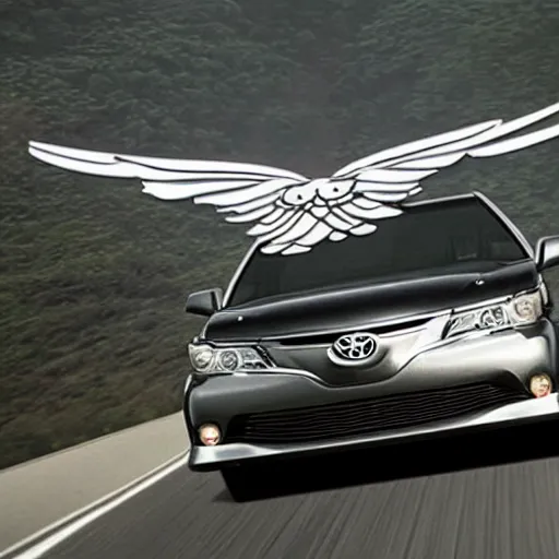 Image similar to toyota camry 9 9 with wings flying in the sky