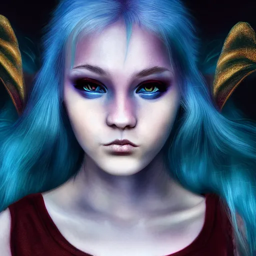 Image similar to portrait of young girl half dragon half human, dragon girl, dragon skin, dragon eyes, dragon crown, blue hair, long hair, highly detailed, cinematic lighting, by Robert Eggers