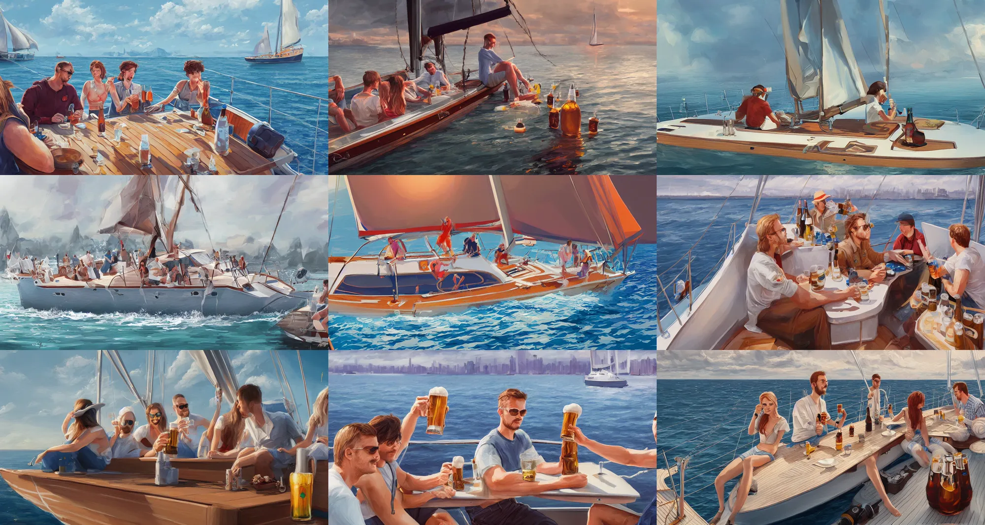 Prompt: people drinking beer on a sailboat, highly detailed, digital painting, artstation, concept art, matte, sharp focus, illustration