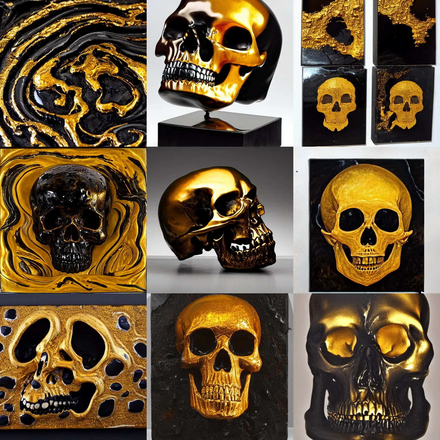 Prompt: coubert painting of molten gold poured over a black shiny onyx human skull, 3 / 4 angle. liquid molten gold fluid dripping from top, slips over and drains to bottom