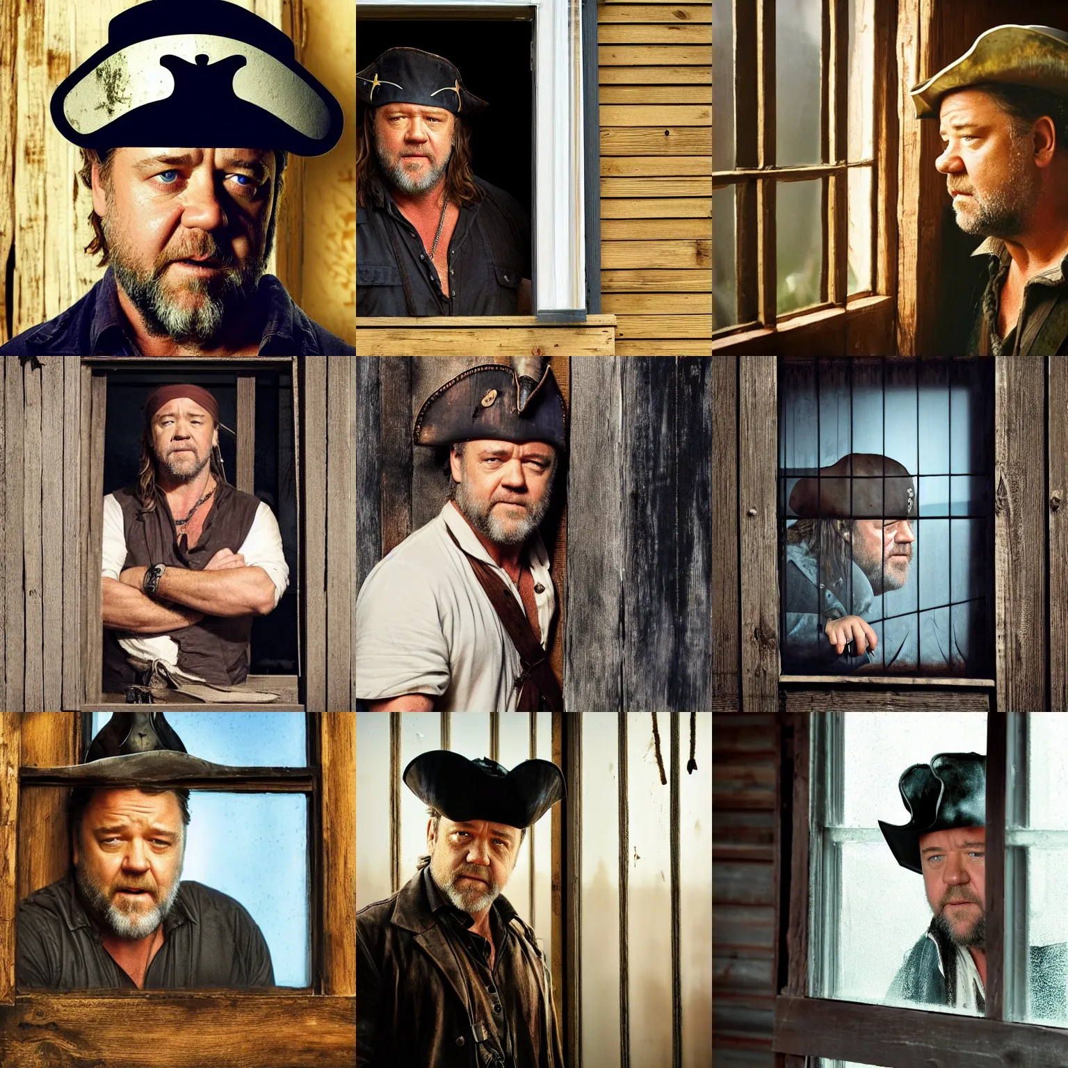 Prompt: russell crowe wearing a pirate hat behind a dirty window and wooden wall staring out