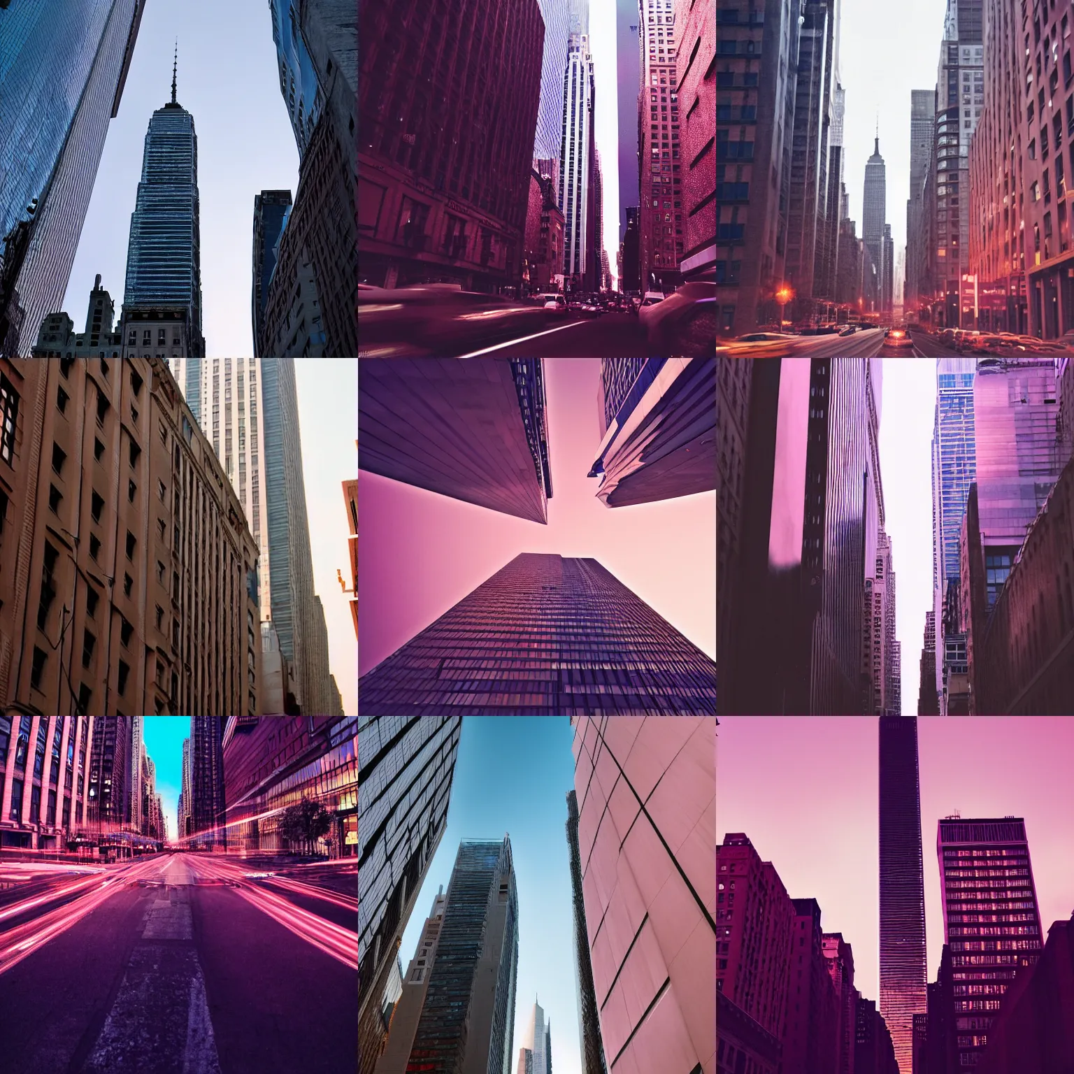 Prompt: skyscraper in the streets of new york city, vanishing point, atmospheric, rose pink lighting, award winning photo