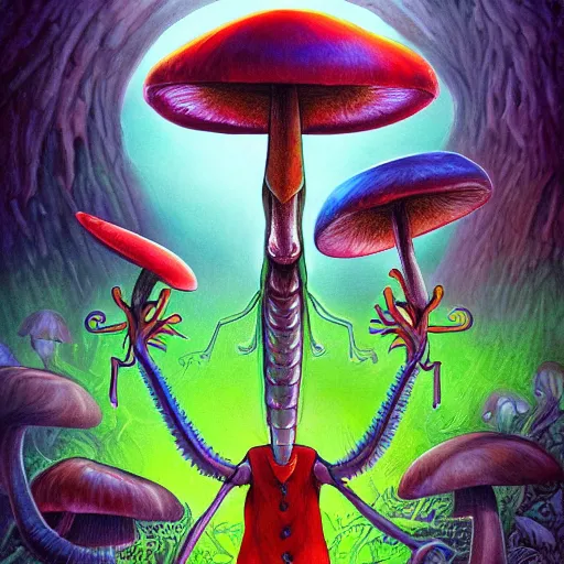 Image similar to 4 k headshot portrait of a psychedelic demonic anthropomorphic praying mantis with mushroom themed clothes, magic mushroom village in background by jeff easley, award winning, stylized neon, post - processing, masterpiece, superb resolution. in the art style of junji ito and greg rutkowski. detailed mushroom city in background. hyper realistic anime. perfect art. dalle 2