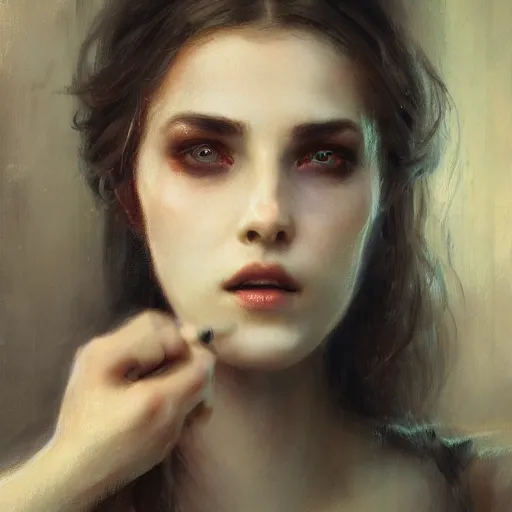 Prompt: Portrait of a melancholic woman, putting on her makeup in an unorthodox manner, illustrated by Greg Rutkowski and Gaston Bussiere, trending on artstation, 4k, 8k