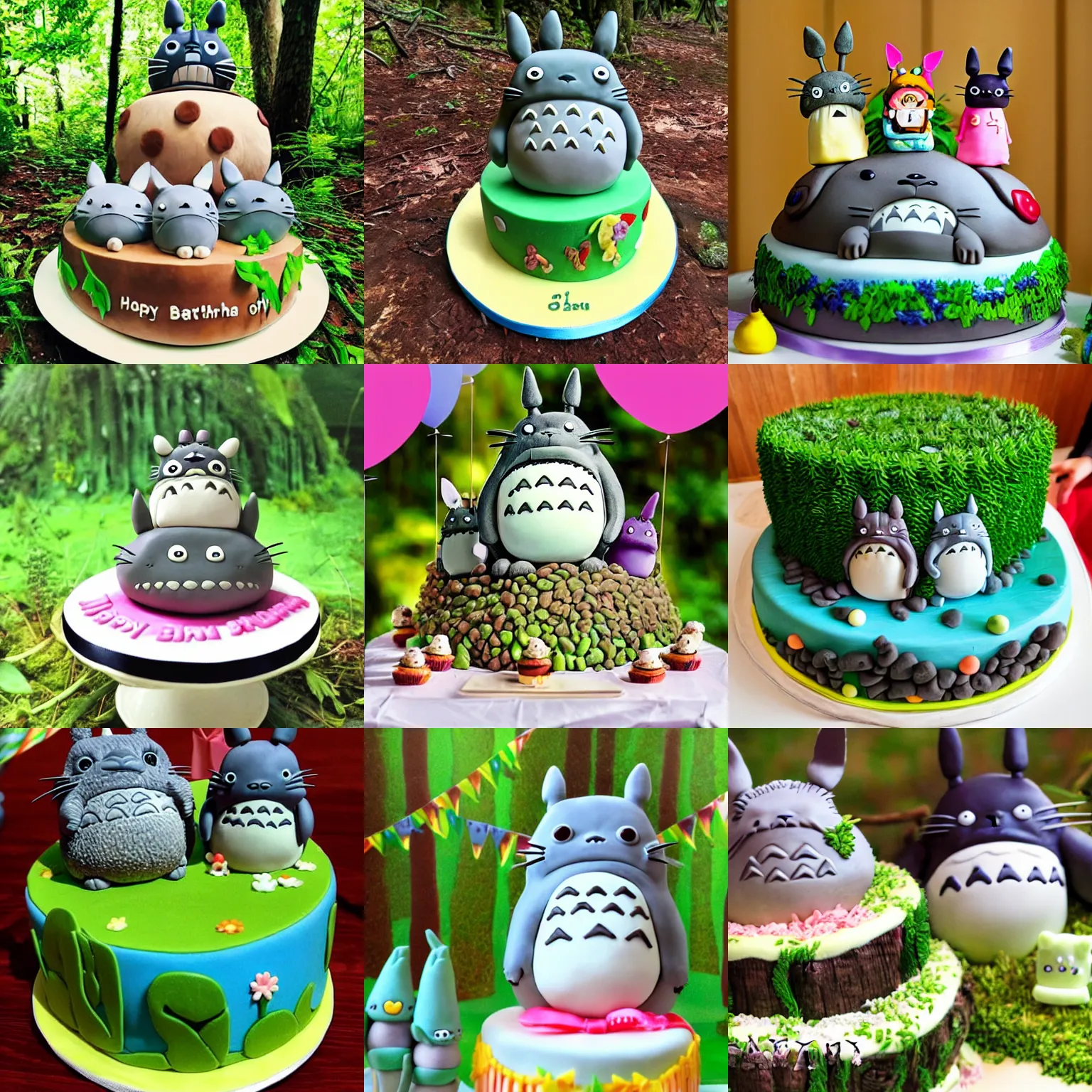 Prompt: Totoro and friends having a birthday party around a multi-tier birthday cake, in a lush forest