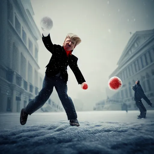 Image similar to a photorealistic hyperrealistic, boy throwing snow balls on donald trump, beautiful dynamic dramatic low - light moody lighting, cinematic atmosphere, artstation, concept design art, octane render, 8 k