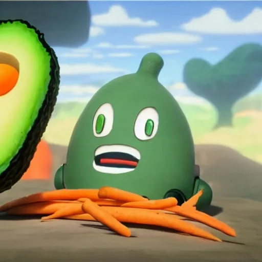 Image similar to cute little robot with big avocado hat and a carrot sword, made in abyss style