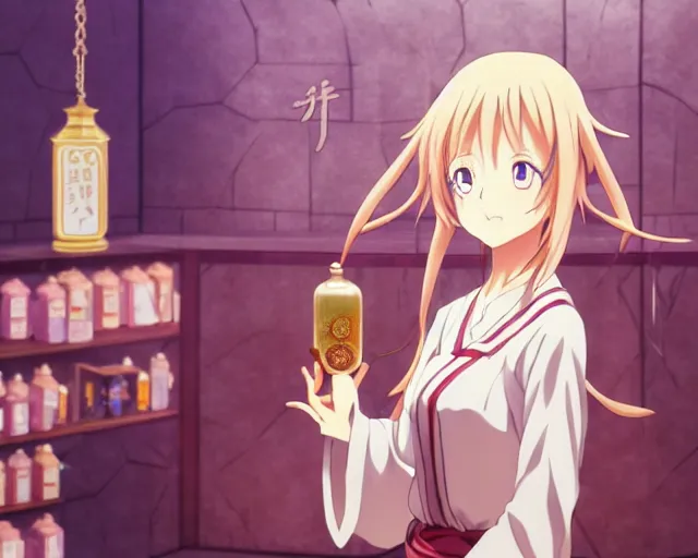 Image similar to anime visual, portrait of a young female priestess in a alchemist's potion shop interior, cute face by katsura masakazu and yoh yoshinari,, cinematic luts, genshin impact, dynamic pose, dynamic perspective, strong silhouette, anime cels, ilya kuvshinov, cel shaded, crisp and sharp, rounded eyes, moody