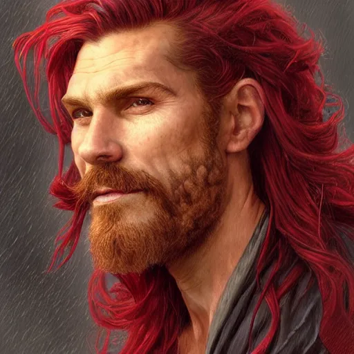 Prompt: portrait of a young ruggedly handsome but joyful pirate, male, muscular, masculine, upper body, red crimson crimson deep red hair, long long flowing hair, fantasy, proud smirk, intricate, elegant, highly detailed, digital painting, artstation, concept art, matte, sharp focus, illustration, art by artgerm and greg rutkowski and alphonse mucha