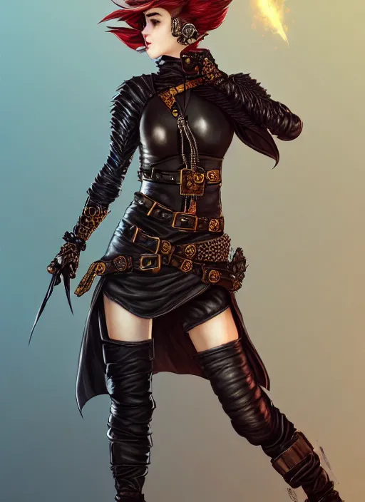 Prompt: rogue, fantasy ornate leather bandit outfit!!! beautiful and athletic short hair female!! gorgeous face and eyes!! character concept art, sharp focus, octane render! unreal engine 5! highly rendered!! trending on artstation!! detailed linework!! illustration by chie yoshii, wlop, and artgerm