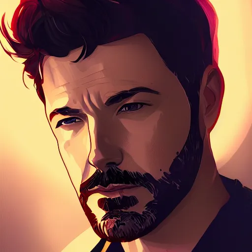 Image similar to Ben Affleck as Tony Stark, ambient lighting, 4k, alphonse mucha, lois van baarle, ilya kuvshinov, rossdraws, artstation