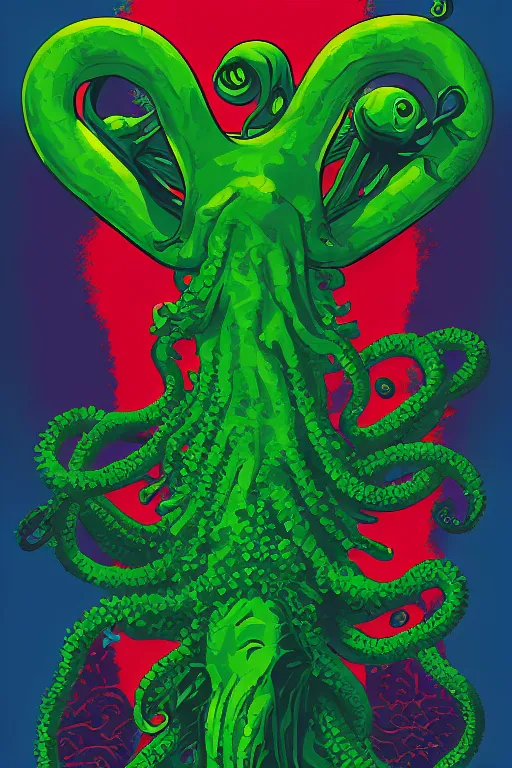 Prompt: a movie poster for the film (green tentacle Cthulhu) by Tom Whalen, highly detailed, award winning creature portrait, fantasy, artstation