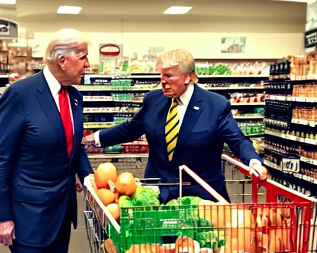 Prompt: joe biden and trump buying groceries. center frame medium shot, shot on technicolor cinemascope 35mm anamorphic lense, flare