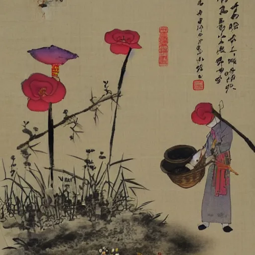 Prompt: lin dai - yu burying flowers, traditional chinese watercolor,