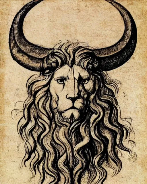 Prompt: four faces in one creature, human face, eagle beak, lion mane, two large horns on the head, drawn by da vinci. symmetrical