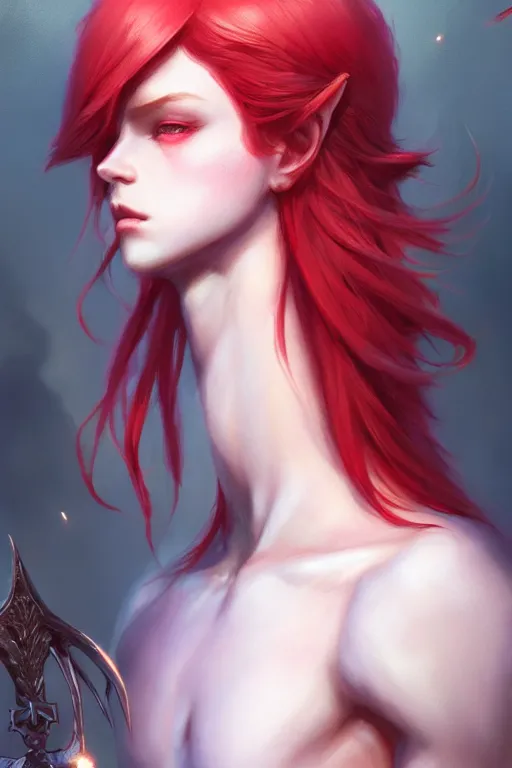 Image similar to fairy prince, red hair, highly detailed, d & d, fantasy, highly detailed, digital painting, trending on artstation, concept art, sharp focus, illustration, art by artgerm and greg rutkowski and fuji choko and viktoria gavrilenko and hoang lap