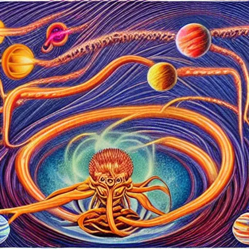 Prompt: krakken battling the spaghetti monster in outer space imagined by alex grey