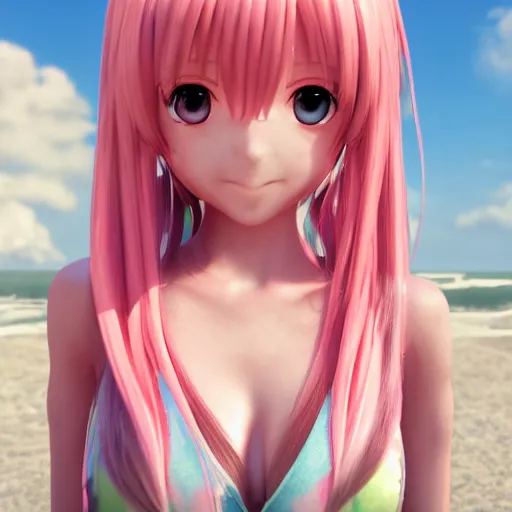 Image similar to Render of a cute 3d anime girl, long pink hair, full bangs, hazel eyes, cute freckles, soft smile, golden hour, beach setting, medium shot, mid-shot, trending on Artstation, Unreal Engine 4k