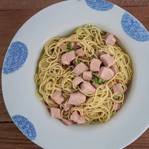 Prompt: white pink meat chunks noodles in styrofoam bowl,