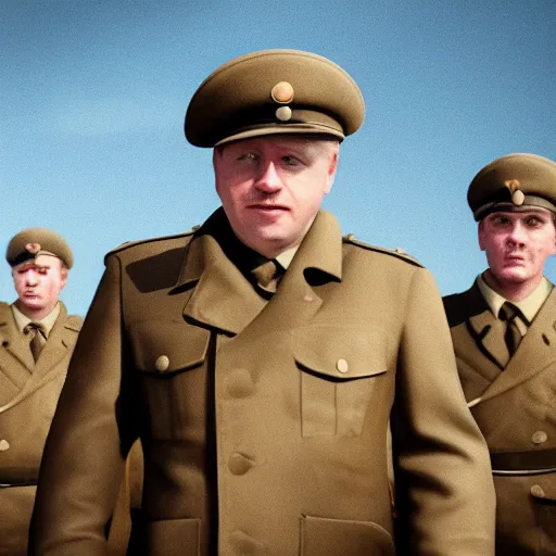 Image similar to movie scene boris johnson in ussr soldiers uniform, photorealistic, highly detailed 8 k