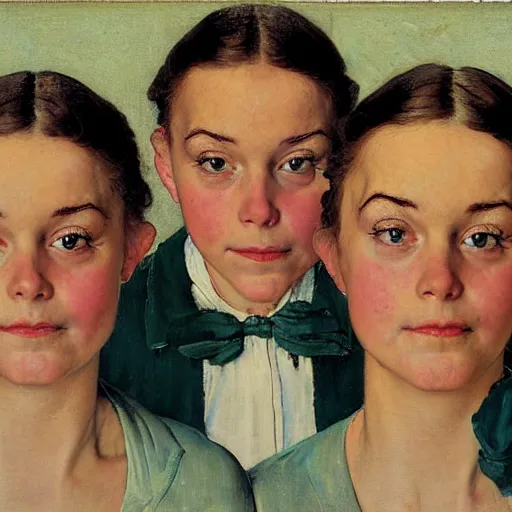 Image similar to Frontal portrait of three Emma Stones. A painting by Norman Rockwell.