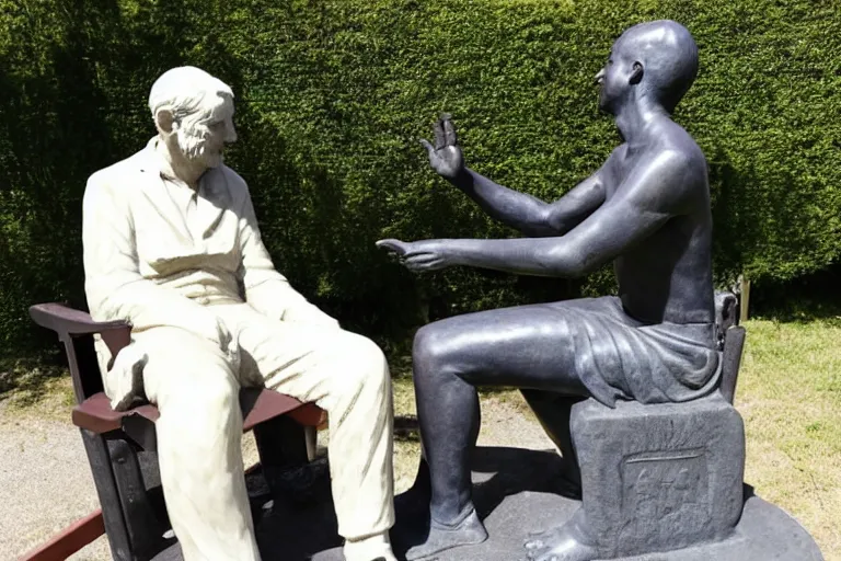 Image similar to a man who is sitting upright in a chair is touching a completed statue