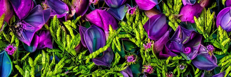 Image similar to Solarpunk synthetic plants blooming, close-up, colourful, 8k, stunning, award winning, world press photo, speculative futures, calm atmosphere by photographer Will Ellis