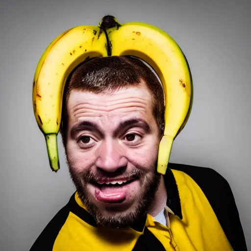 Image similar to a man with a banana horns coming out of his head, photography