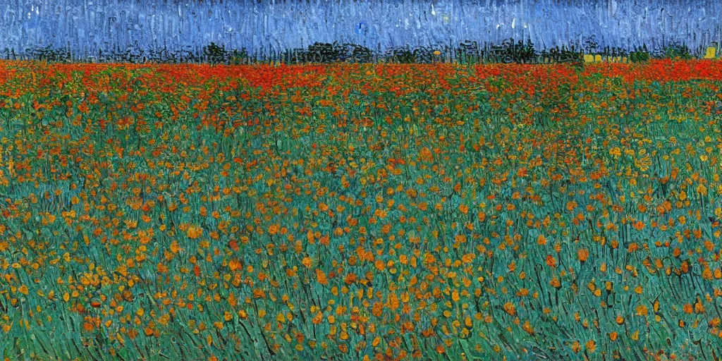 Prompt: on a sunny day, a field full of flowers, in the style of Van Gogh