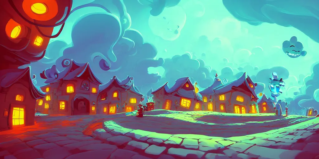 Prompt: curled perspective digital art of curvy clouds in a small village with a cobblestone street by anton fadeev from nightmare before christmas