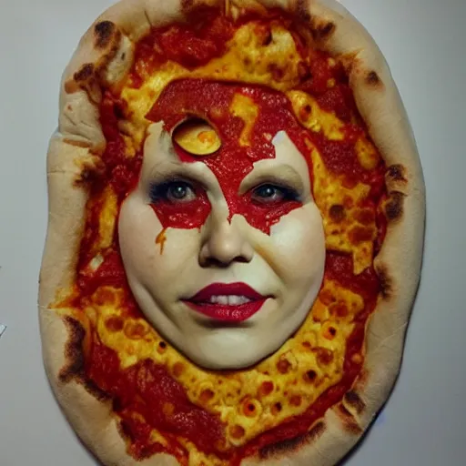 Image similar to nightmare queen of england made out of pizza, photorealistic