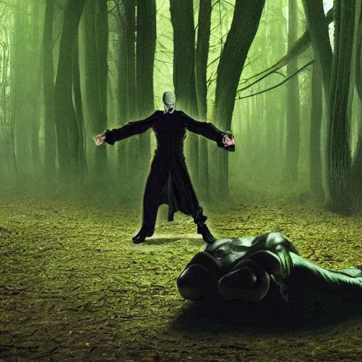 Image similar to dark forest protected by strange creature, the matrix movie style