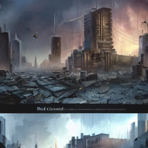 Image similar to damaged city, high - tech, concept art