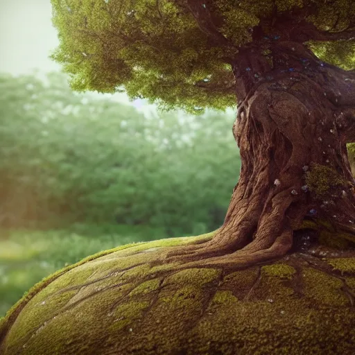 Image similar to soul tree of the earth, perfect symmetry, left side chaos, right side serenity, circular base surrounding grand tree, cinematic, ultrarealistic, intricate detail, finely detailed, small details, extra detail, high resolution, 3D, volumetric lighting, octane render, 8k, ultradetailed, photorealistic,