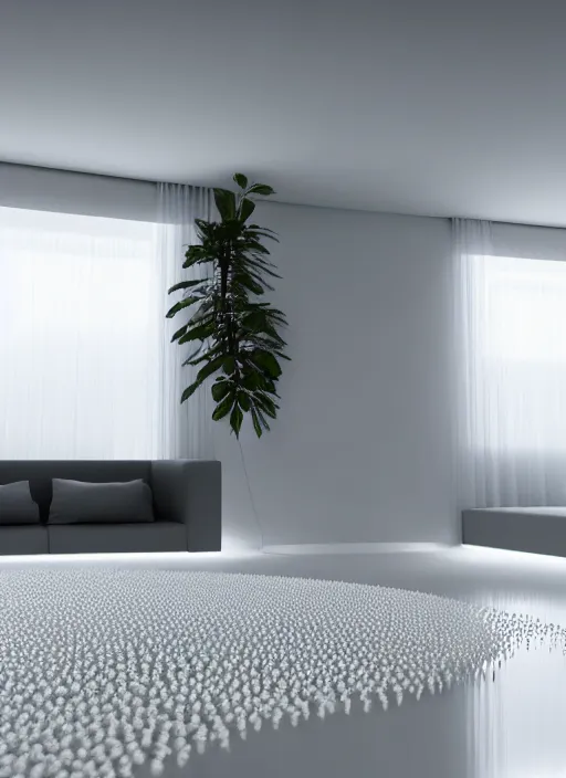 Prompt: bright white zen livingroom with walls made of smooth daisies by zaha hadid, up close shot, sharp focus, global illumination, radiant light, irakli nadar, octane highly render, 4 k, ultra hd,